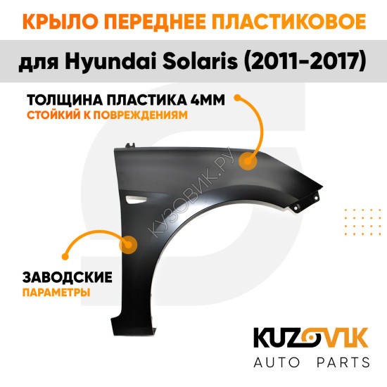Крыло переднее правое Hyundai Solaris (2011-2017) пластиковое с отверстием под повторитель KUZOVIK